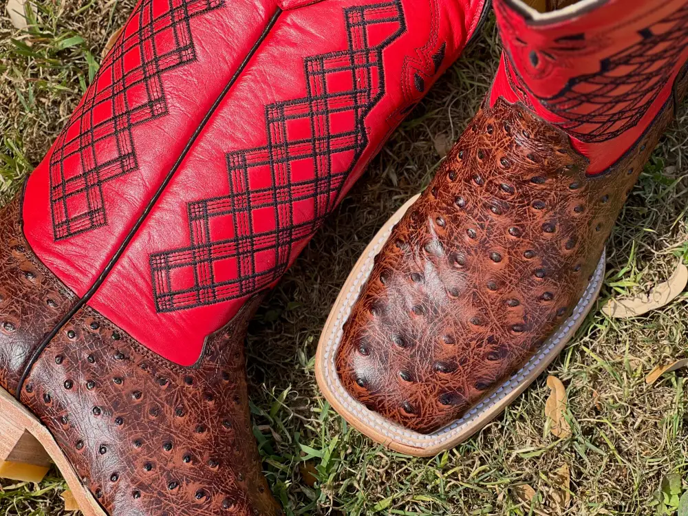 Men’s Cognac Ostrich Leather Boots With Red Shaft