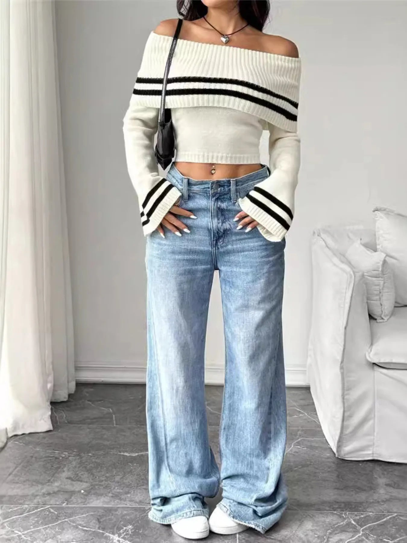 Ribbed Off-Shoulder Striped Knit Top