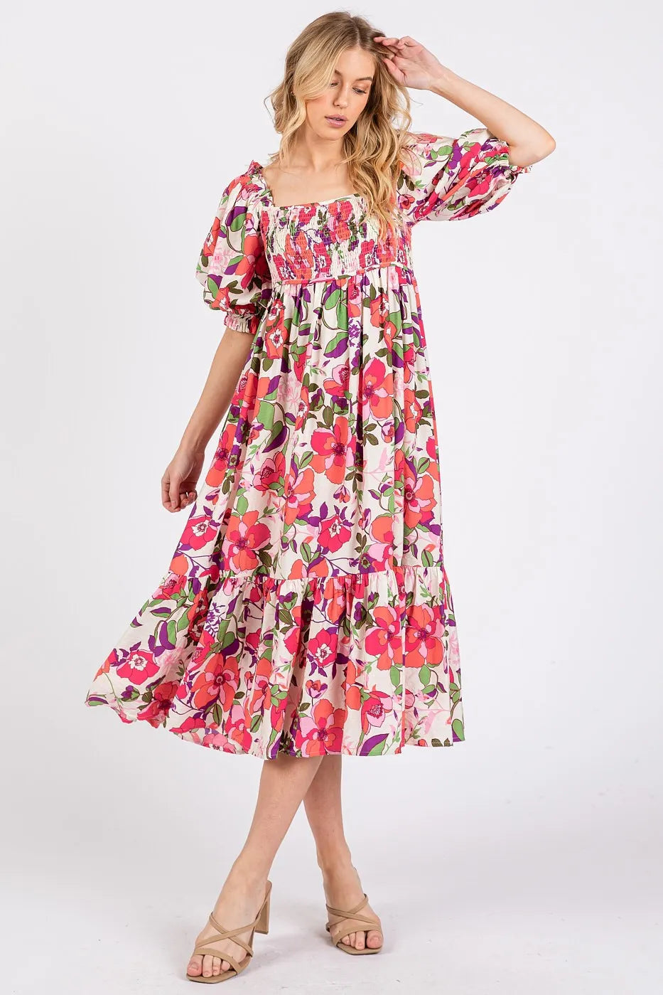Mittoshop Flower Print Puff Sleeve Ruffle Smocked Midi Dress