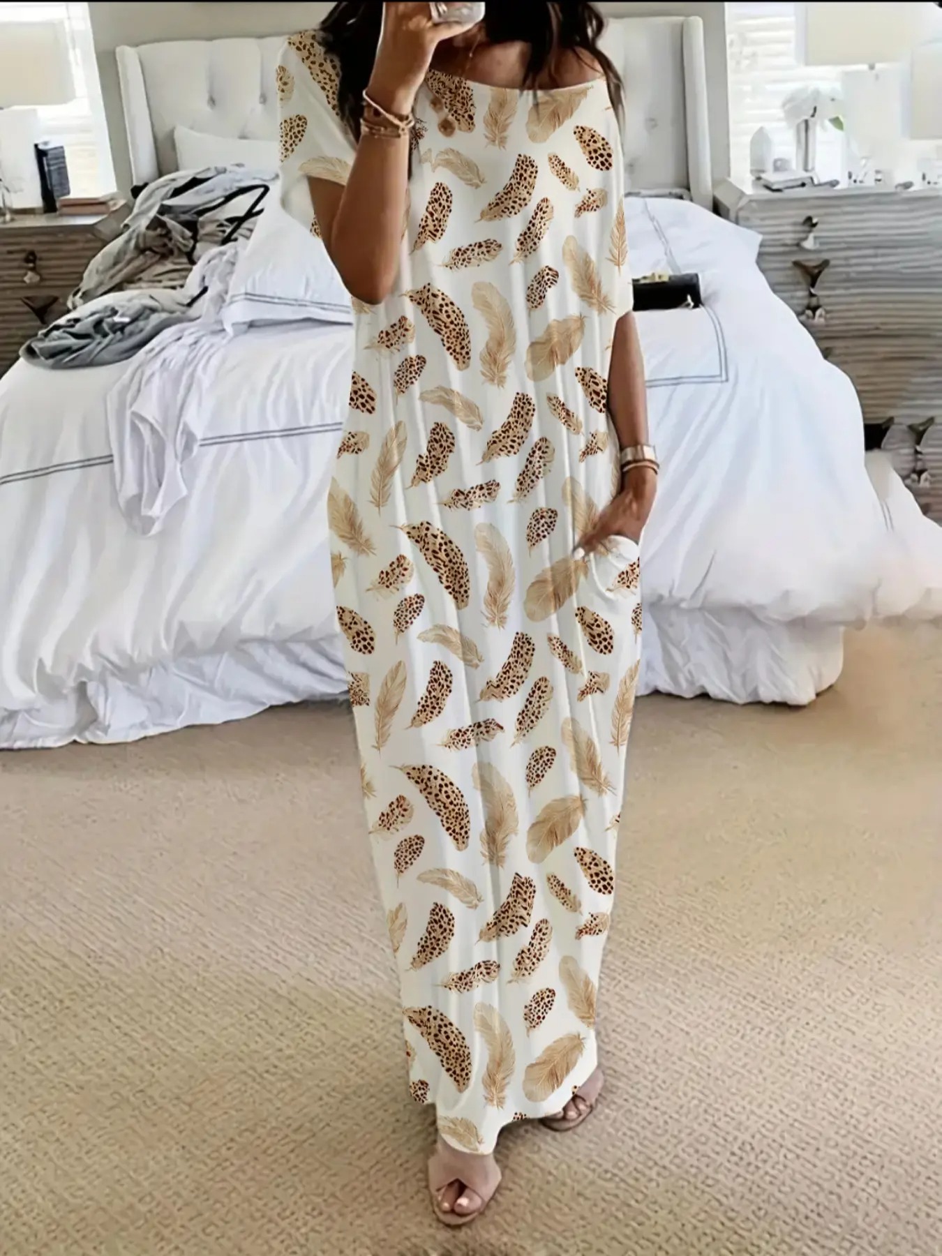 Women’s Relaxed Batwing Maxi Lounge Dress with Pockets