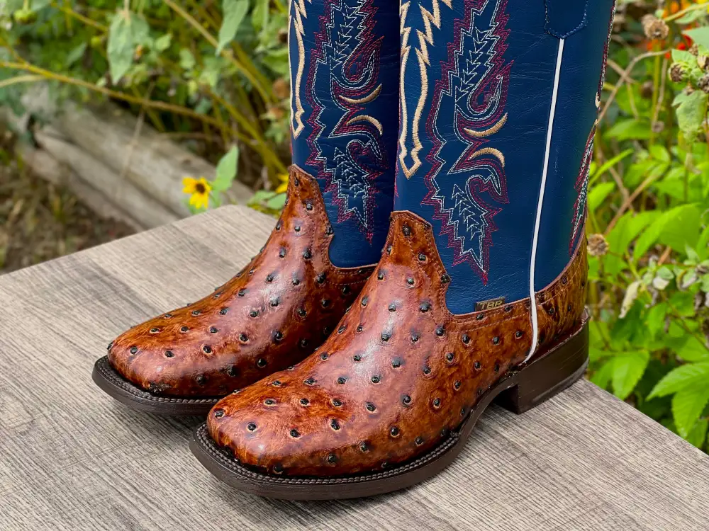 Men’s Cognac Ostrich Leather Boots With Blue Shaft