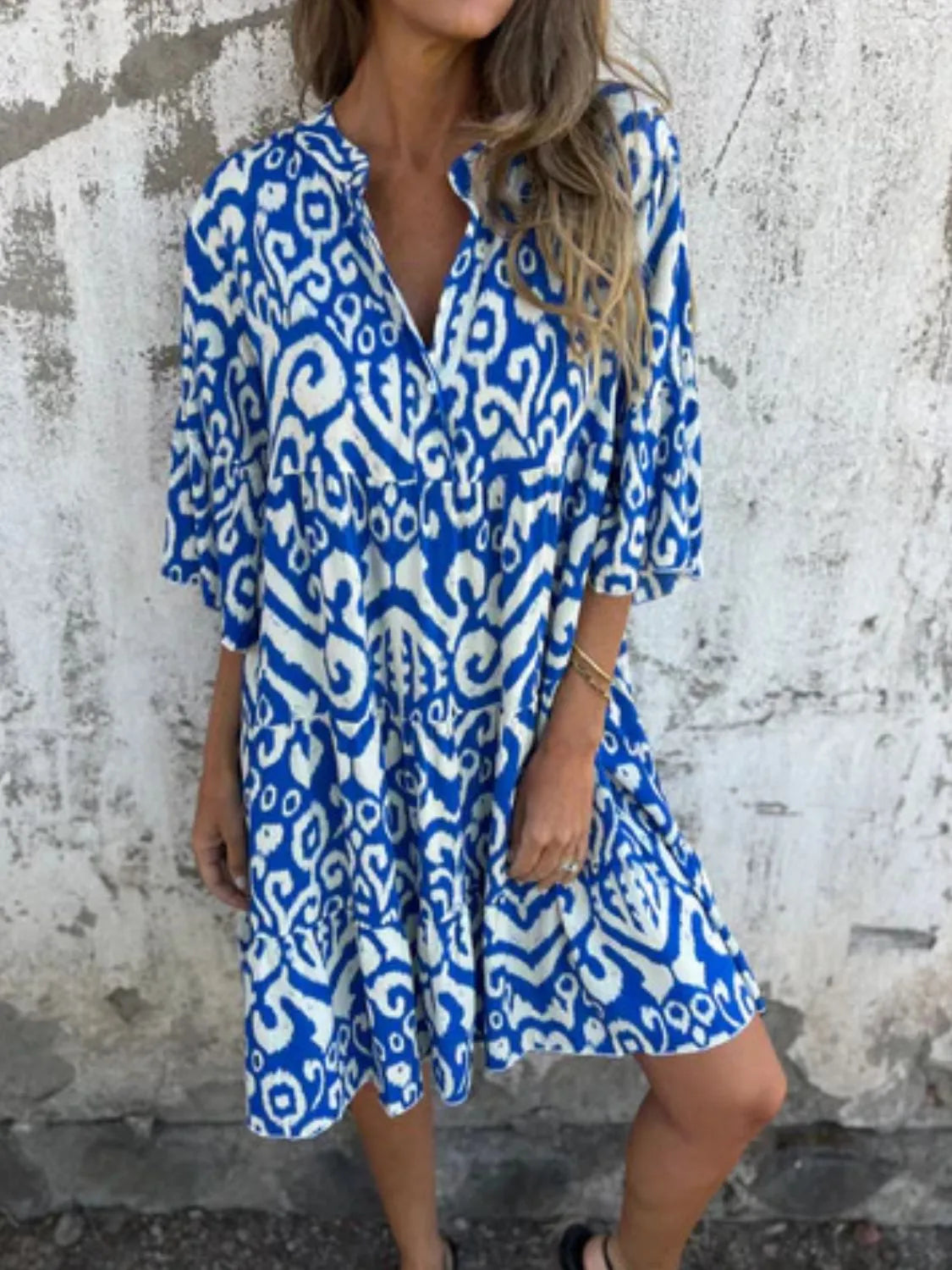 Plus Size Ethnic Print Notched Half Sleeve Midi Dress