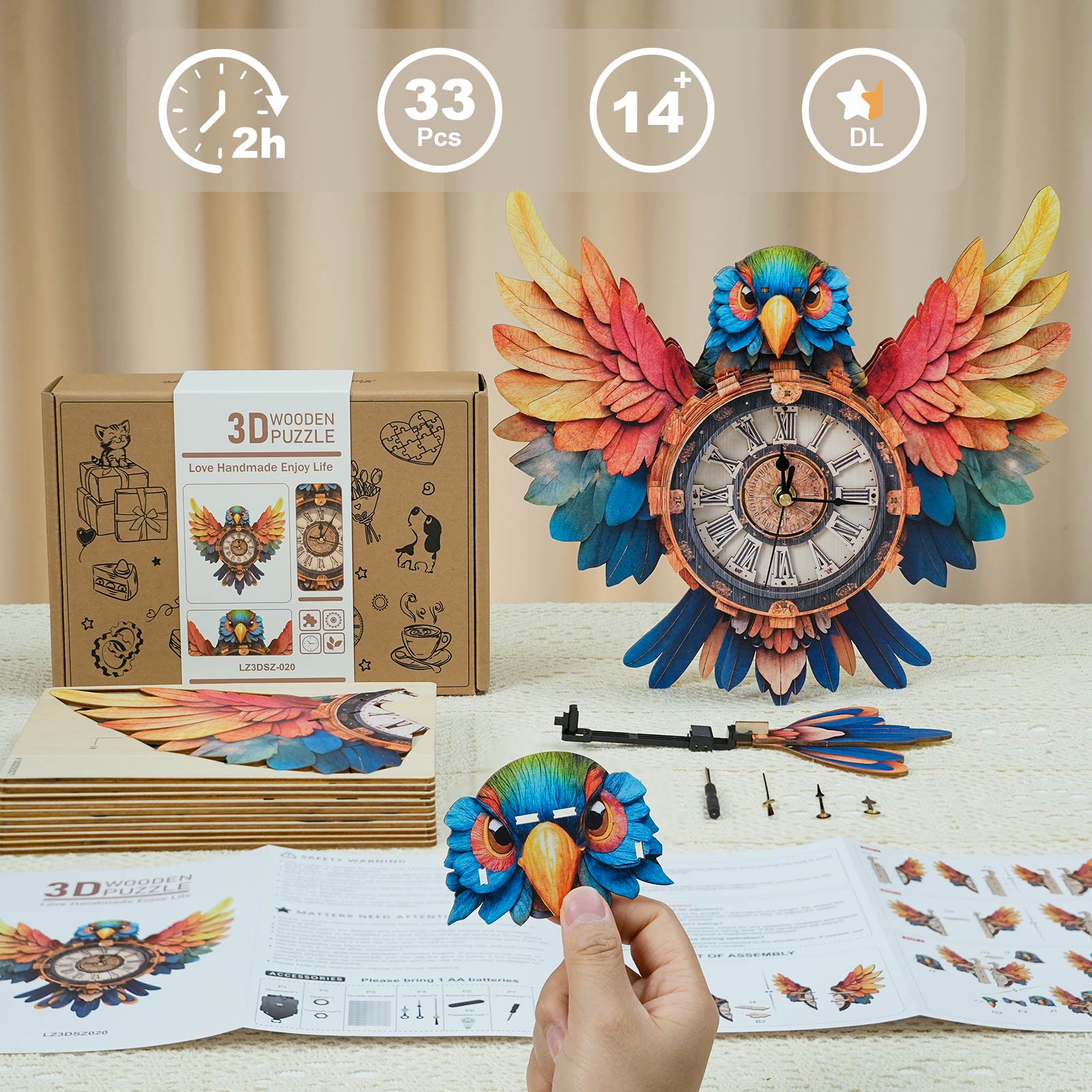 Parrot â€“ DIY Wooden Clock, 3D Puzzle Craft Kit