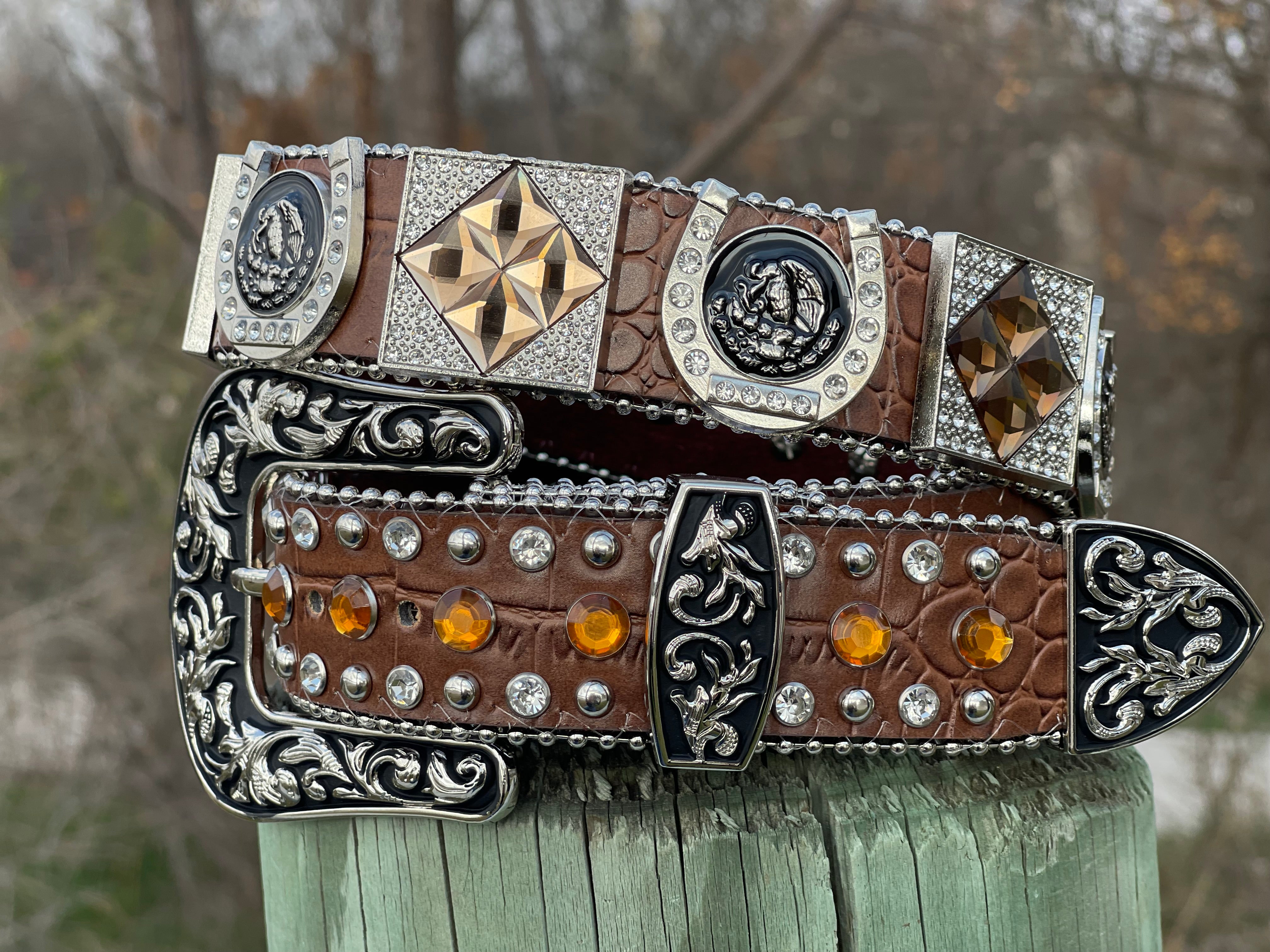 Unisex Brown Leather Belt With Mexican Eagle Rhinestone