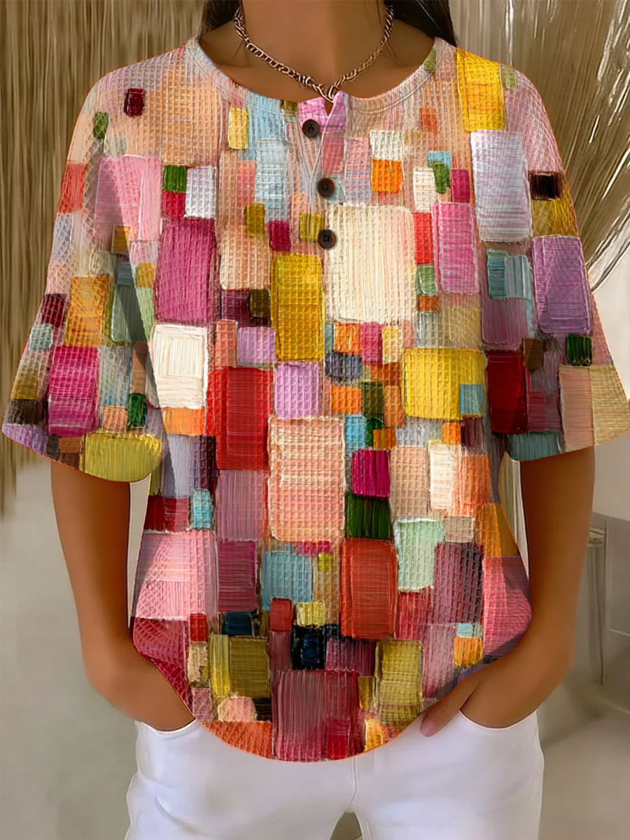 Women's Colorful Art Patterns Print Casual Waffle Cotton Shirt