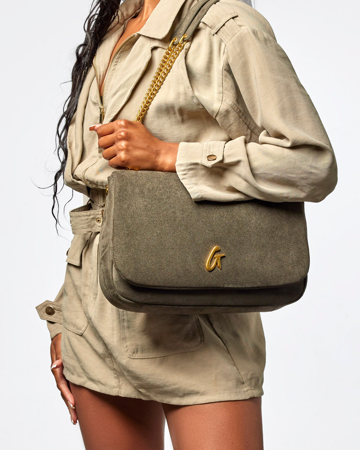 MEDIUM SUEDE FLAP BAG - OLIVE GREEN