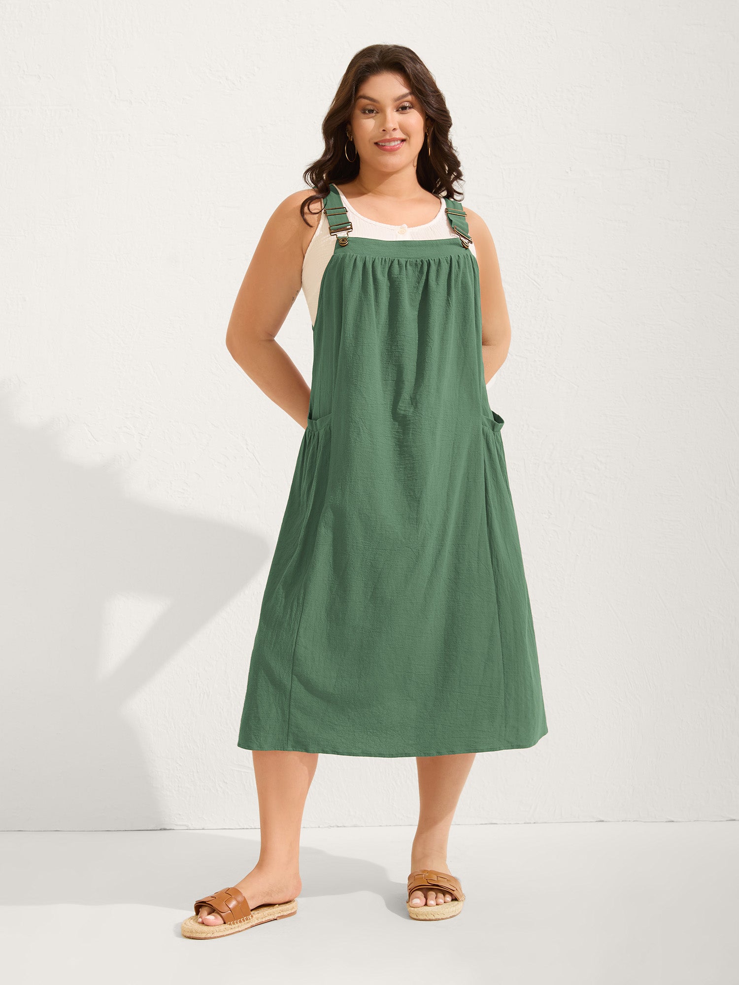 Pure Cotton Pleated Pockets Midi Dress