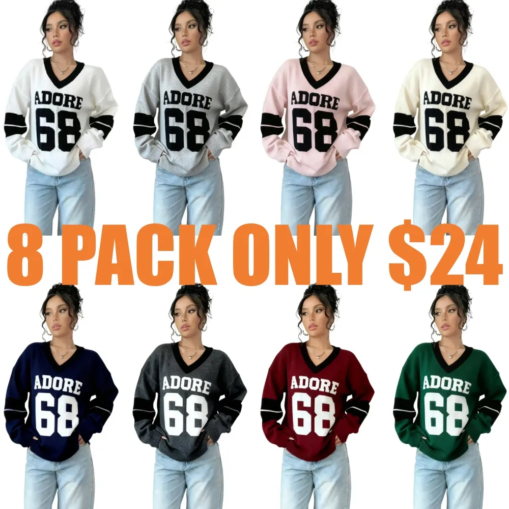 Autumn Winter Color Block V Neck Sweater for Women