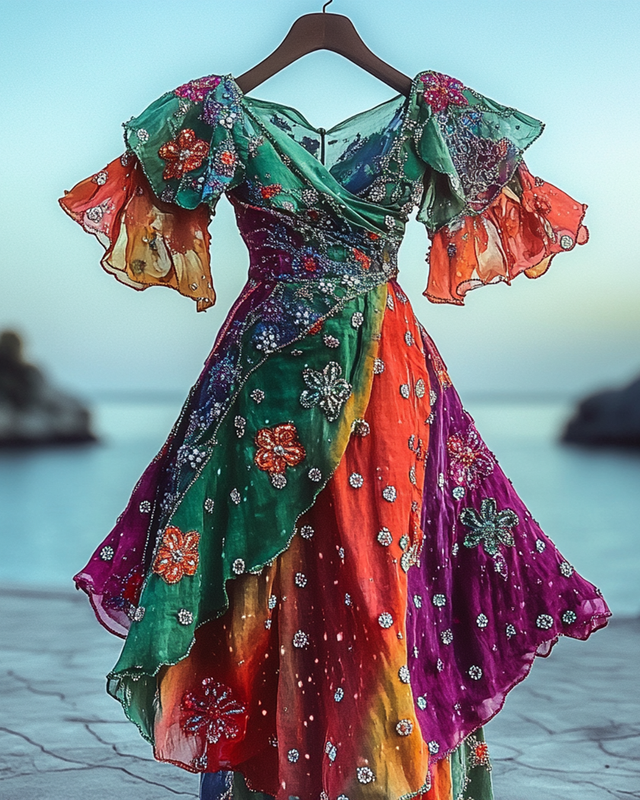 Summer Vacation Colorful Floral Sequins Beaded Ruffle Dress b64b