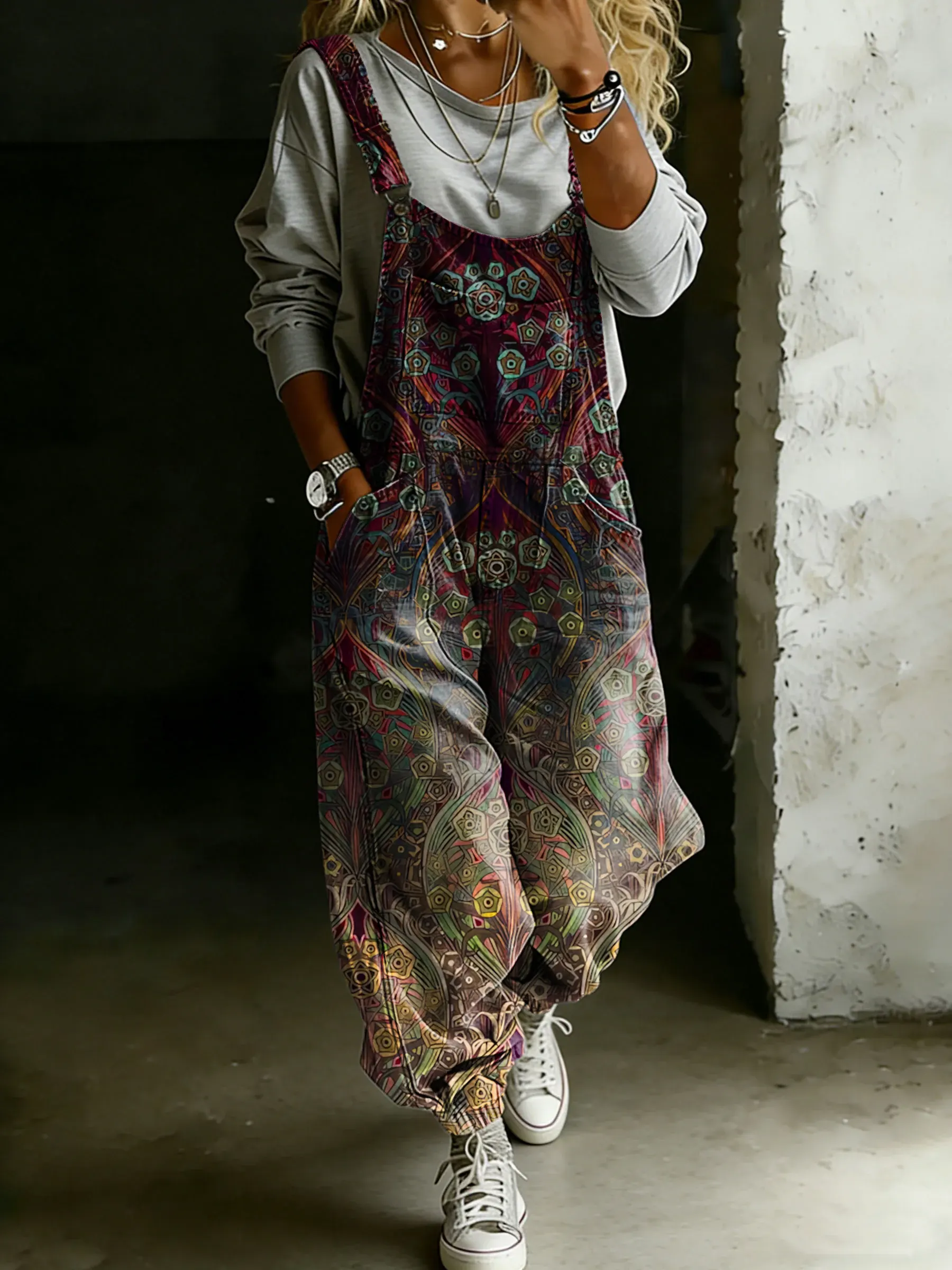 Women’s Vintage Ethnic Art Print Casual One Piece Denim Jumpsuit