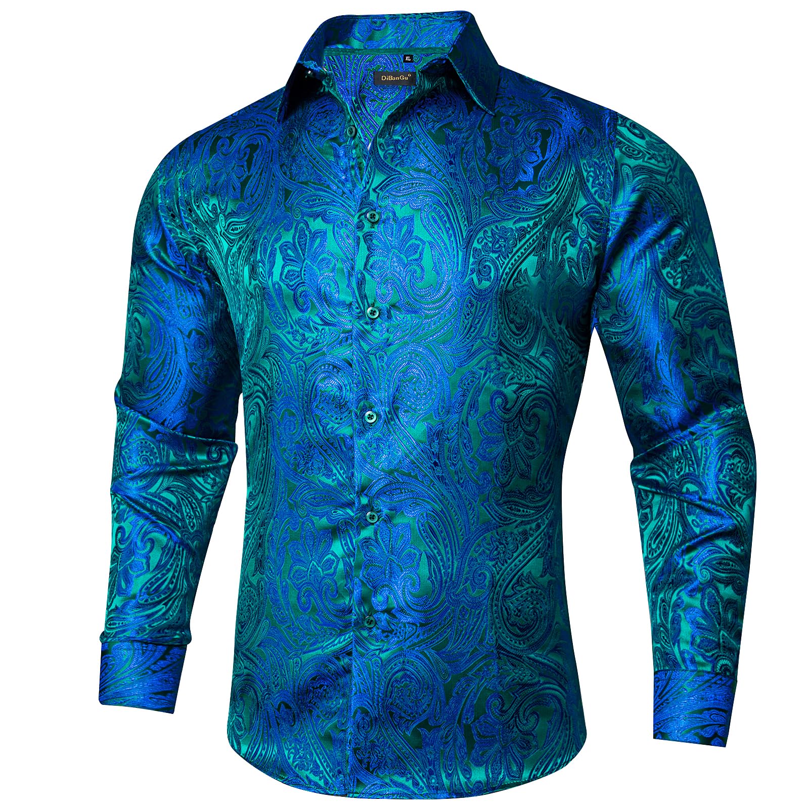 Men's Paisley Dress Shirt Long Sleeve Wrinkle Free Button Down Cowboy Shirts - Blue&green&paisley