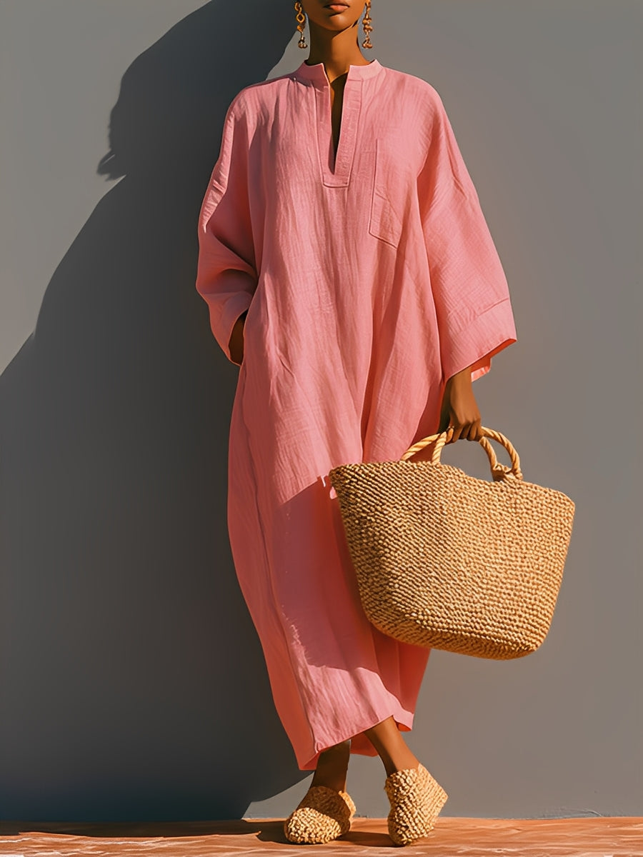 Women's Blush Pink Linen Dress With Three-Quarter Sleeves & Maxi Length, Timeless Resort-Casual Style Dress MDZ2250A5I