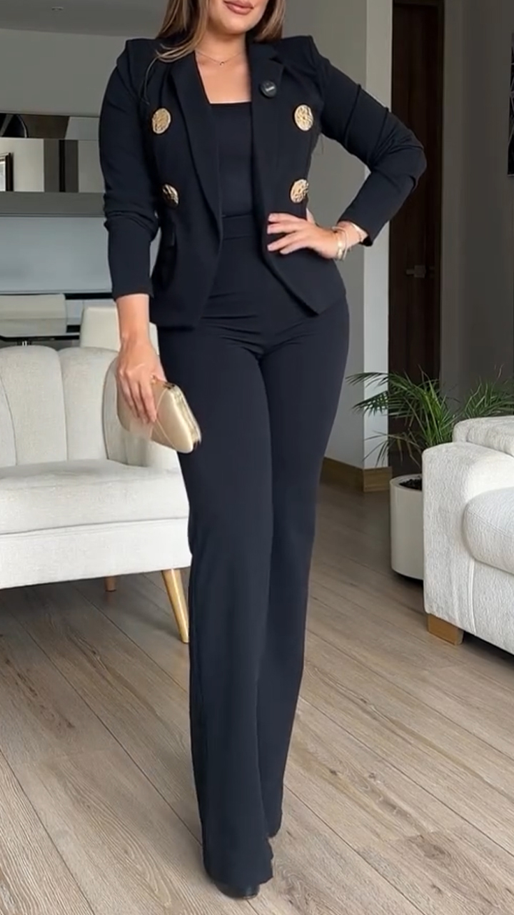 Women Collar Metal Buckle Decorative Top+ Pants Commuting Temperament Set