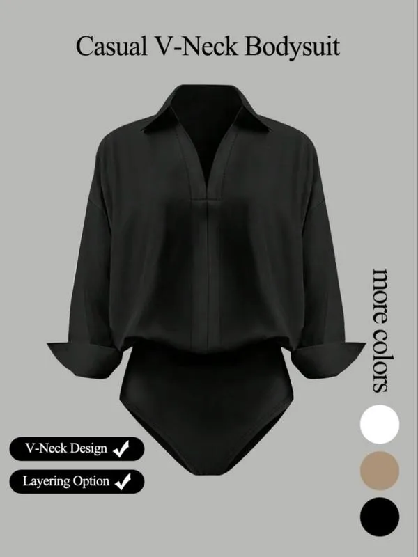 Women's casual loose V-neck long-sleeved shirt jumpsuit, elegant woven fabric, slim fit