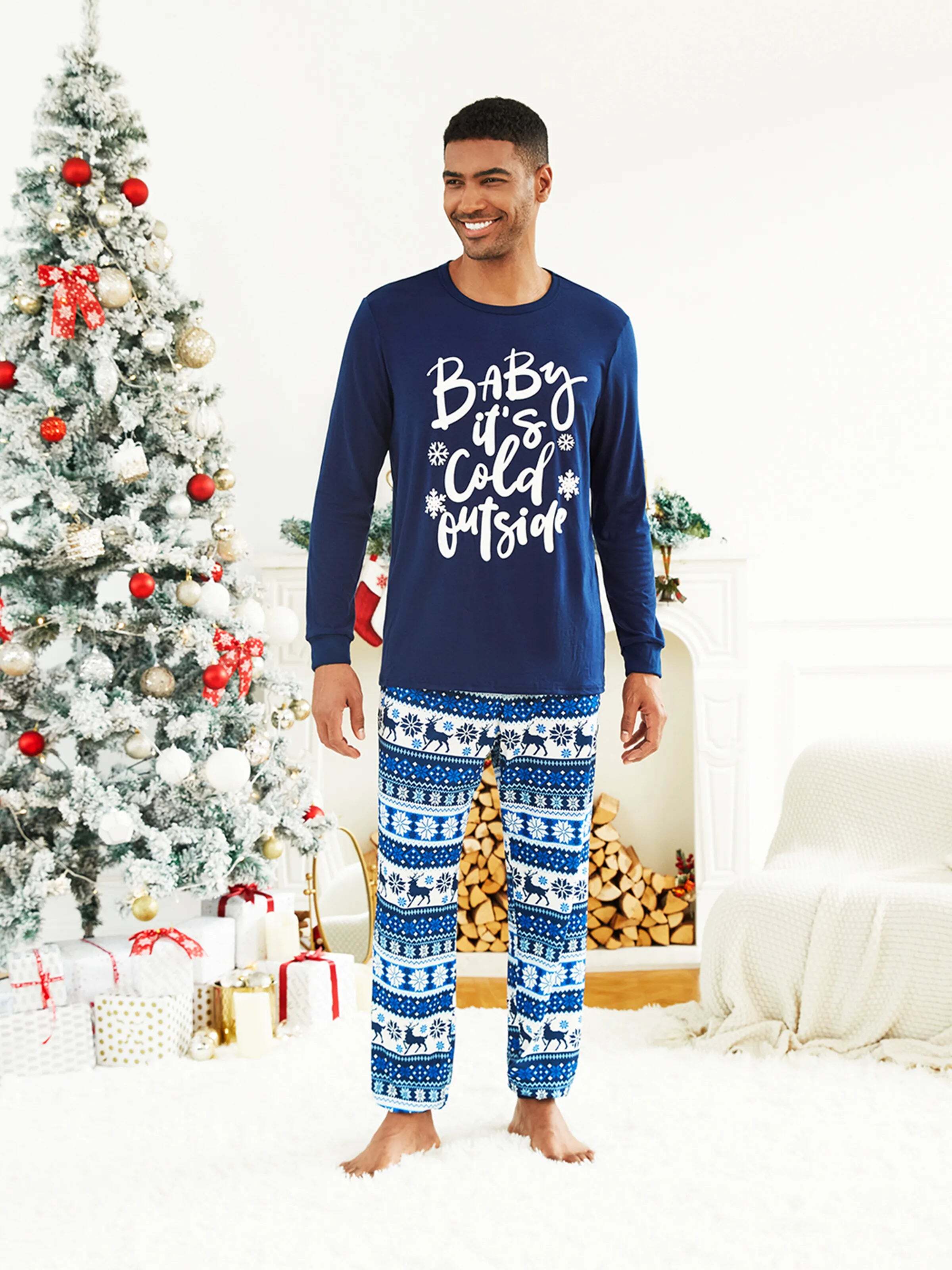 Mosaic Family Matching Letter Top Reindeer Pants Christmas Pajamas Sets with Christmas Socks Deep Blue