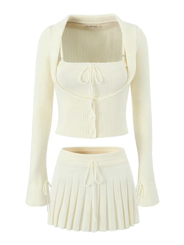 Lapel Long-Sleeved Jacket Spaghetti Strap Pleated Mini Skirt