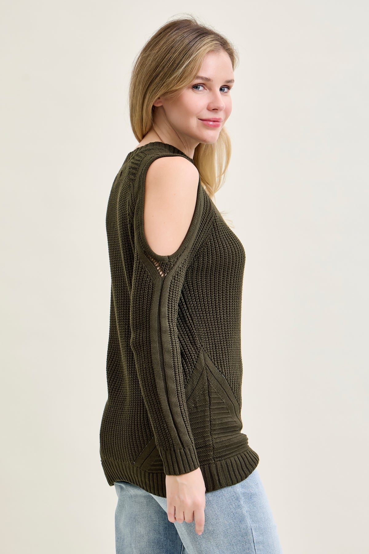 Cold Shoulder Cable Pullover Green Sweater