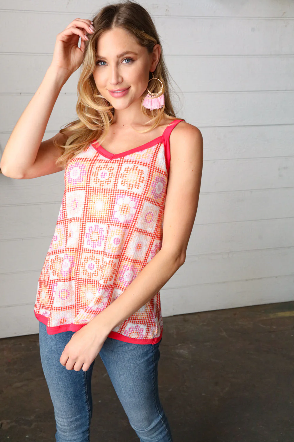 Retro In Bloom Coral Flower Power Waffle Knit Sleeveless Top