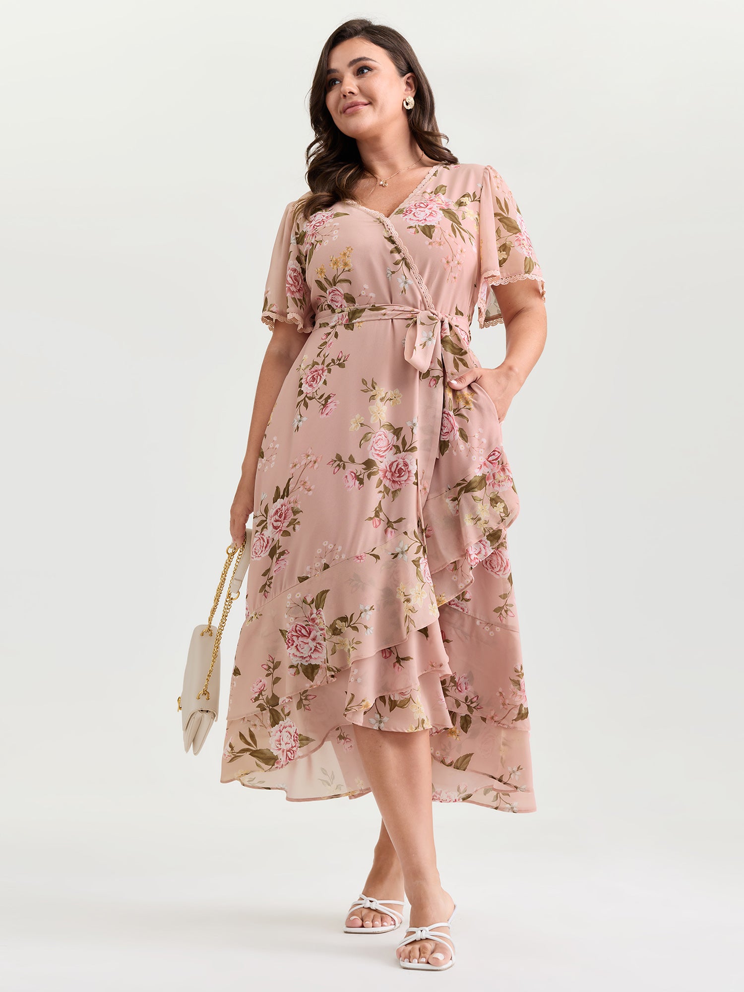 Soft Floral Print Lotus Leaf Hem Midi Dress