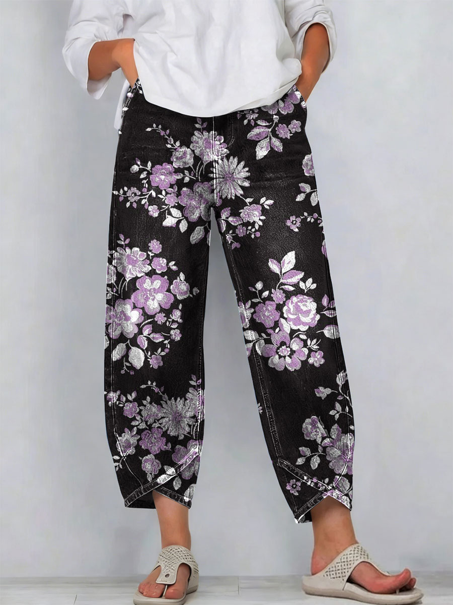 Women's Vintage Flowers Floral Patterns Art Prints Casual Denim Cotton Pants