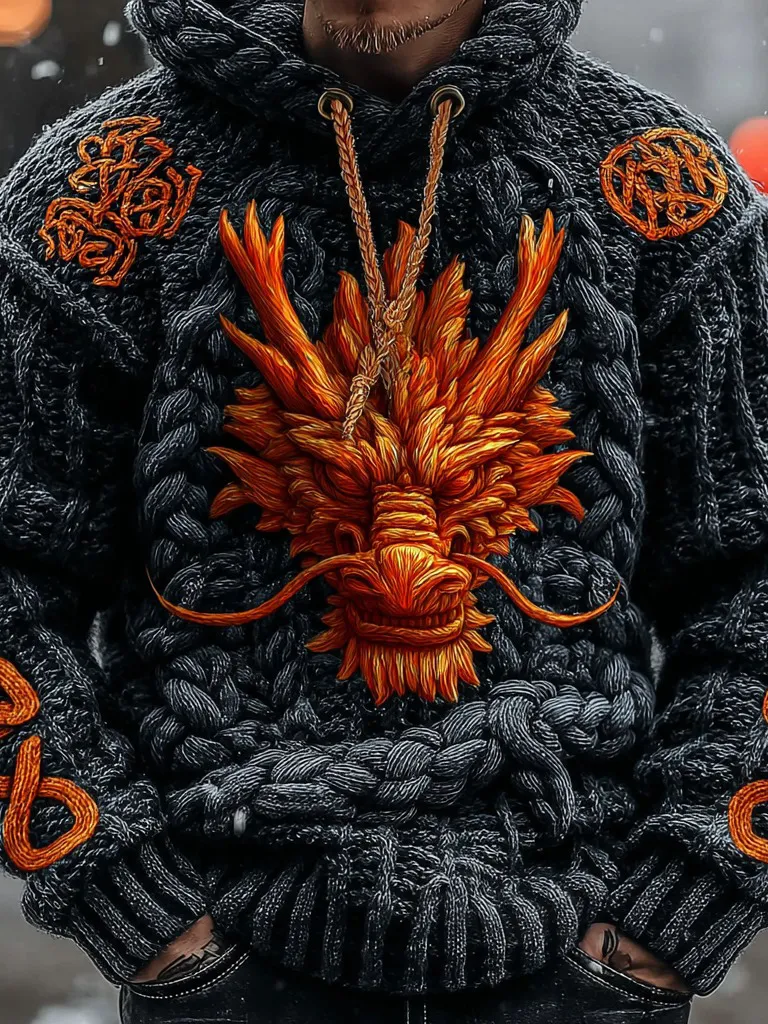 Men's Vintage Viking Celtic Dragon Chunky Hooded Sweater