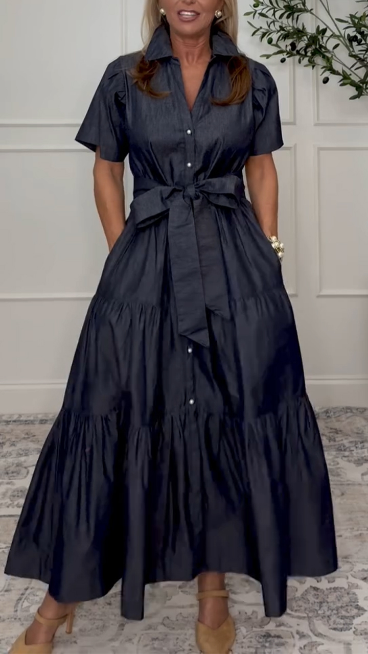 Women Lapel Spliced ​​and Breasted Casual Dress