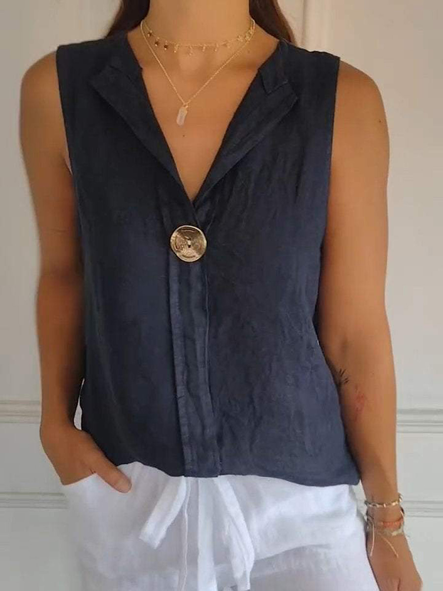 Women's V-Neck Cotton And Linen Sleeveless Casual Summer Shirt