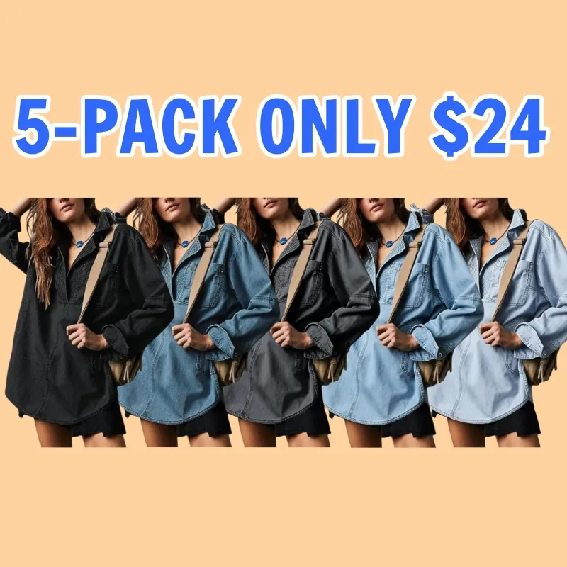 Women's Denim Pullover Casual Loose Fit V Neck Blouse