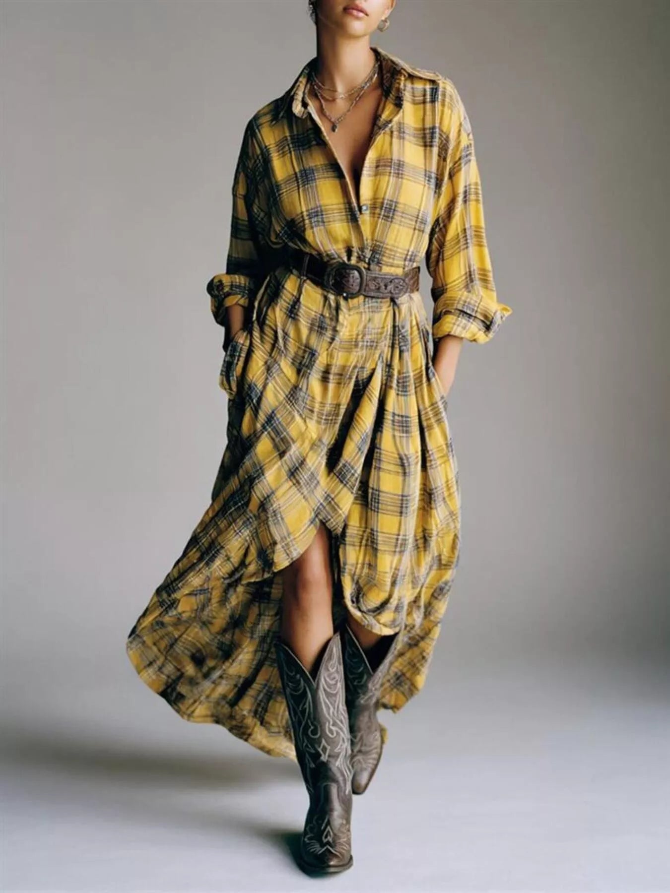 Full Size Plaid High-Low Long Sleeve Shirt Dress Plus Size