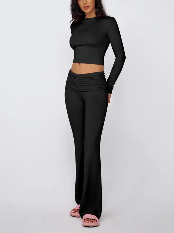 Casual Longsleeves Crop Tee & Fold Over Waist Flare Leg Pants Set