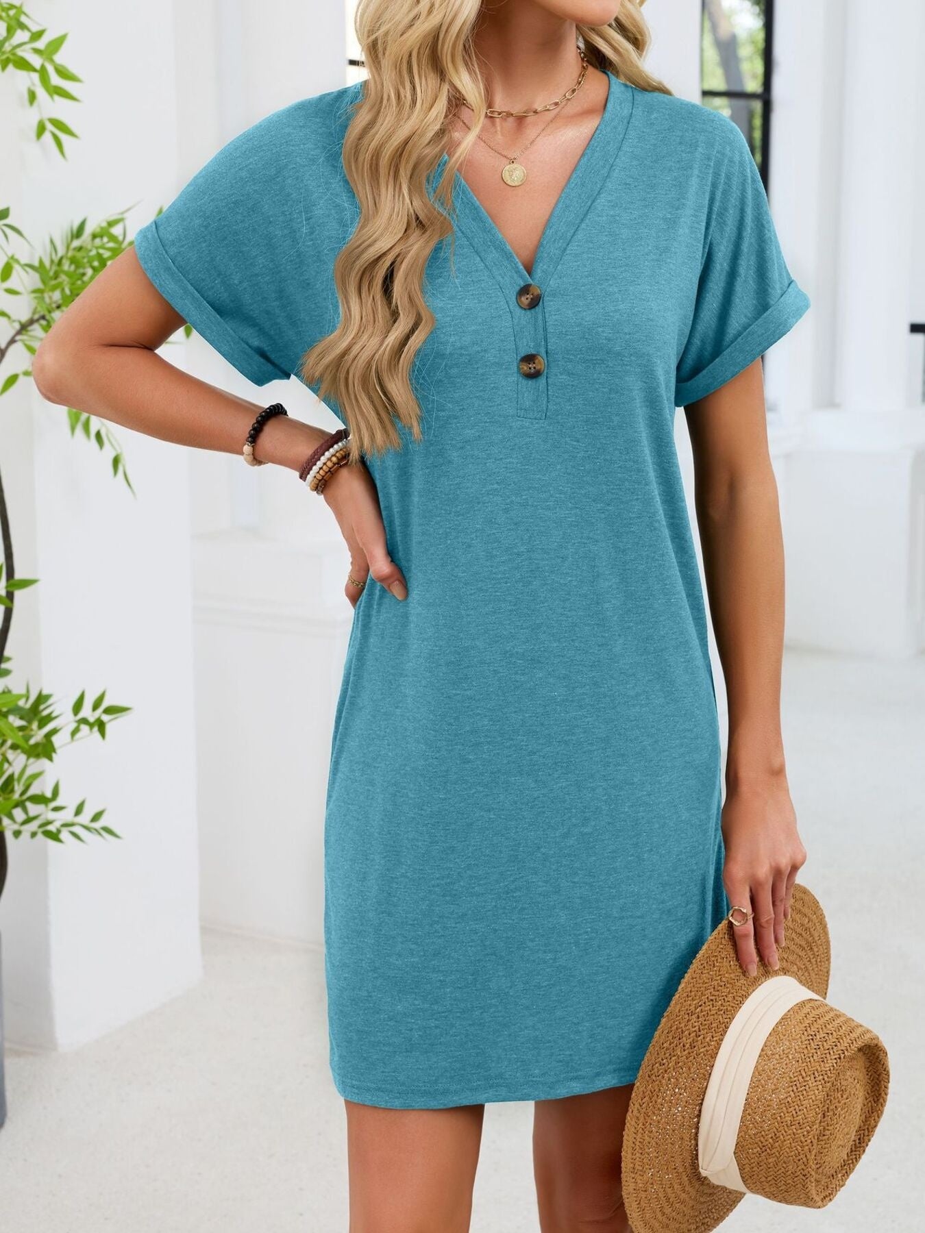 Casual V-Neck Short Sleeve T-Shirt Dress