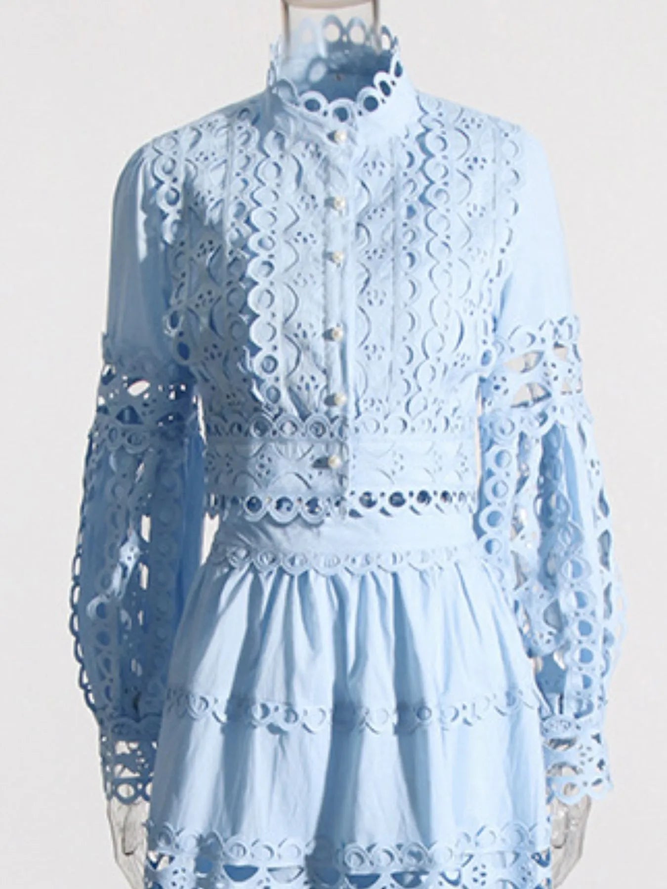 Lace Button Up Long Sleeve Top and Skirt Set