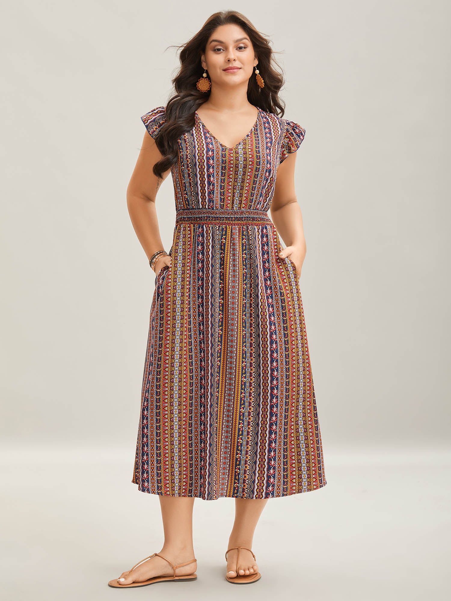 Sunny Stripes Pockets Shirred Midi Dress