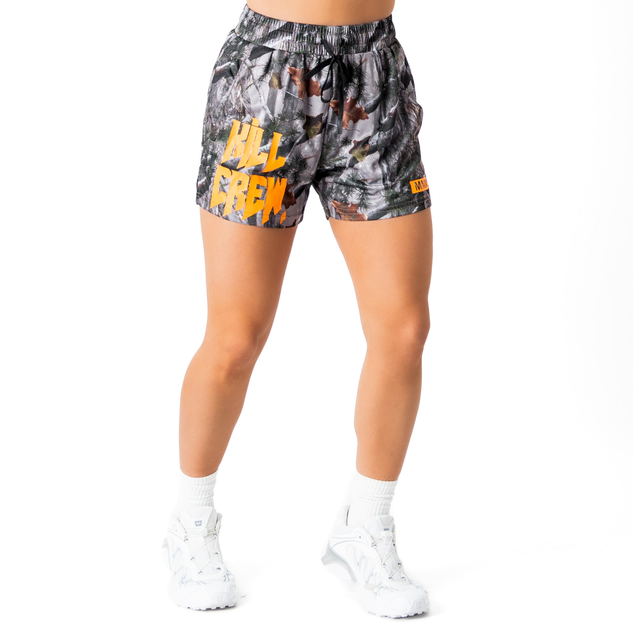 MUAY THAI SHORTS (MID THIGH CUT) - CAMO / ORANGE