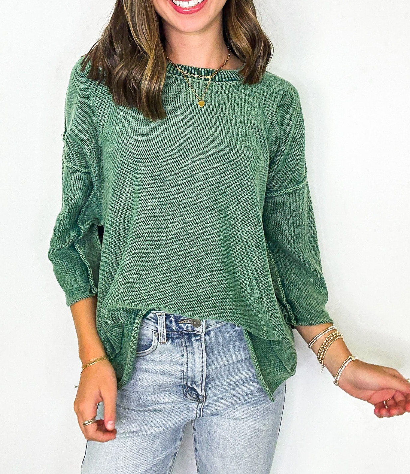 Cozy Fade Washed 3/4 Sleeve Relaxed Sweater