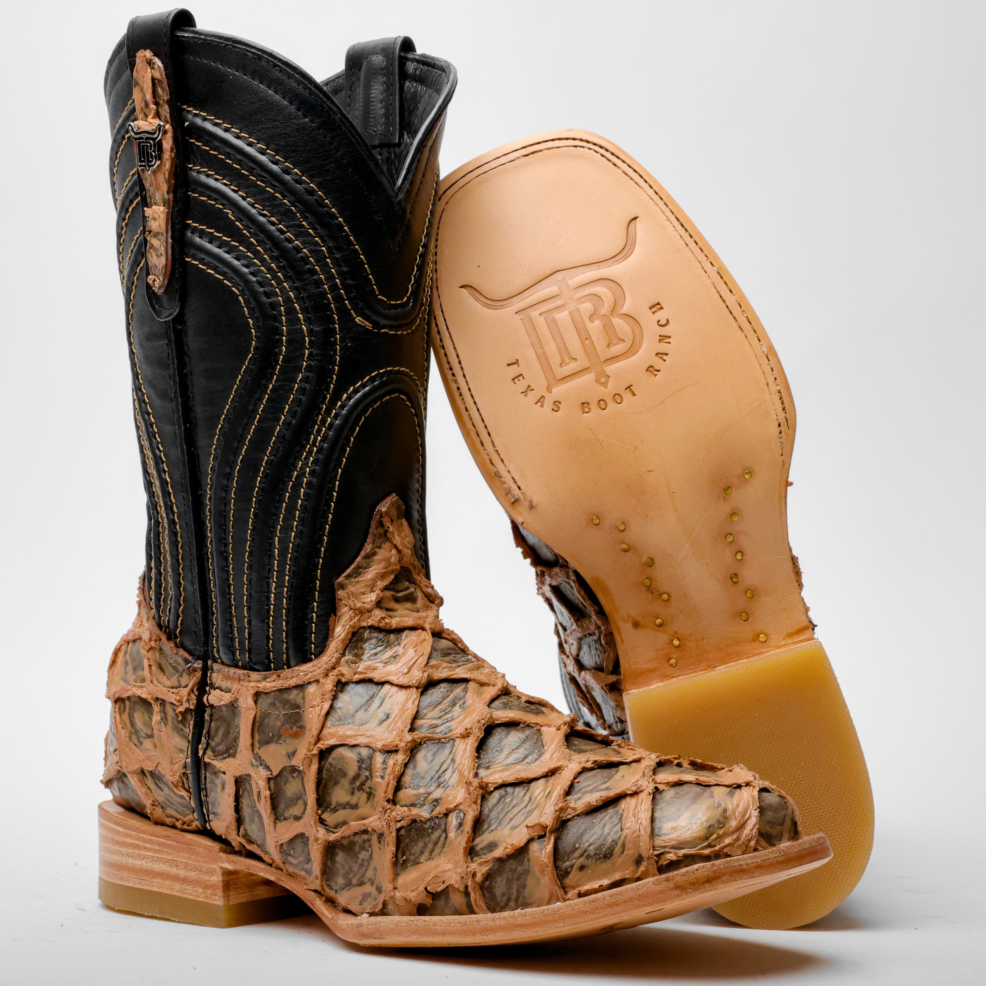 Light Brown Rustic Jumbo Pirarucu Leather Boots - Square Toe