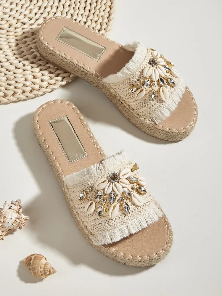 Rhinestone & Shell Decor Espadrille Sandals