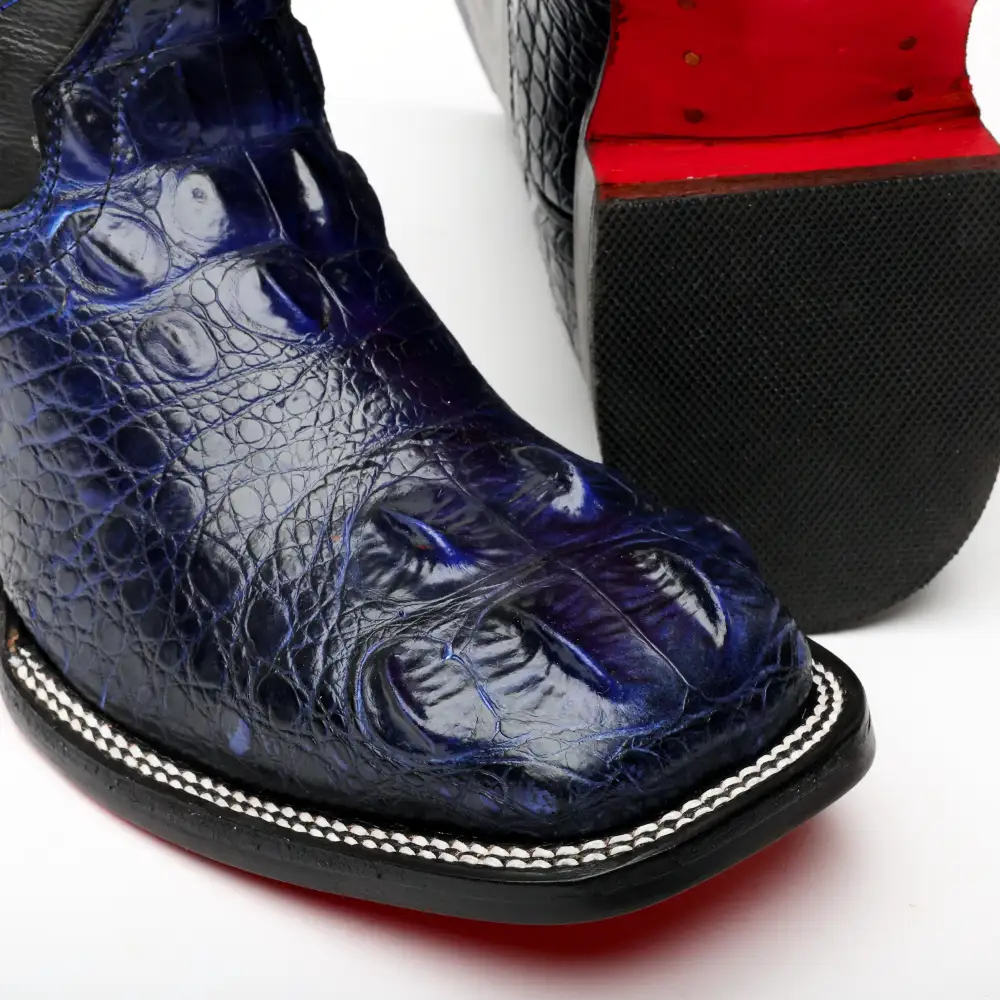 Black/Blue Giant Caiman Neck Leather Boots - Square Toe