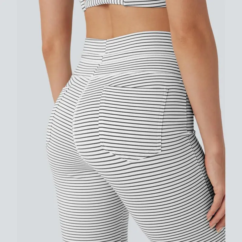 High Waisted Drawstring Stripe Flare Yoga Pants with Pockets