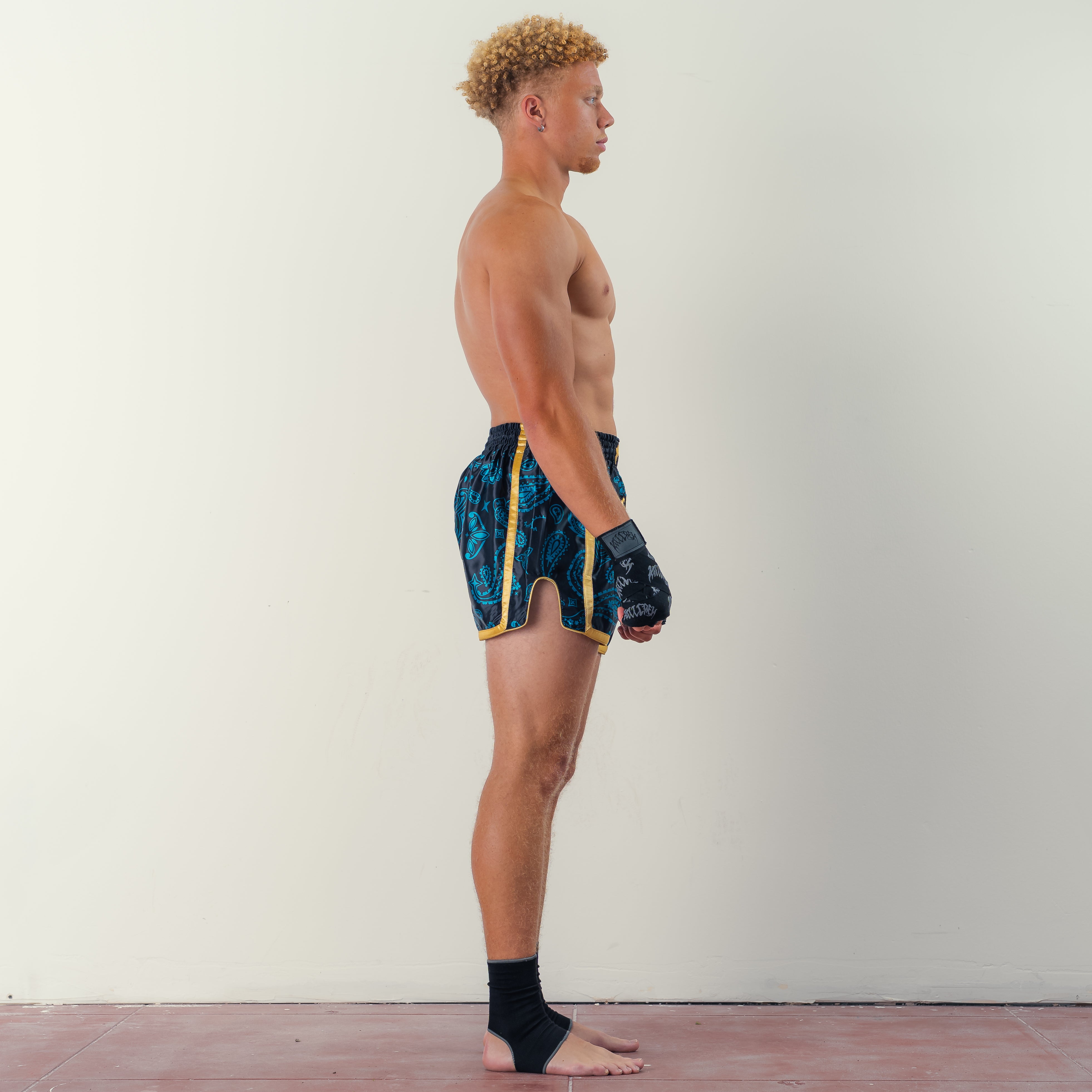 BANDANA FIGHT SHORTS - TEAL / GOLD