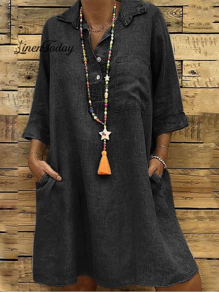 Ladies Plus Size 3/4 Sleeve Shirt Collar Casual Dress