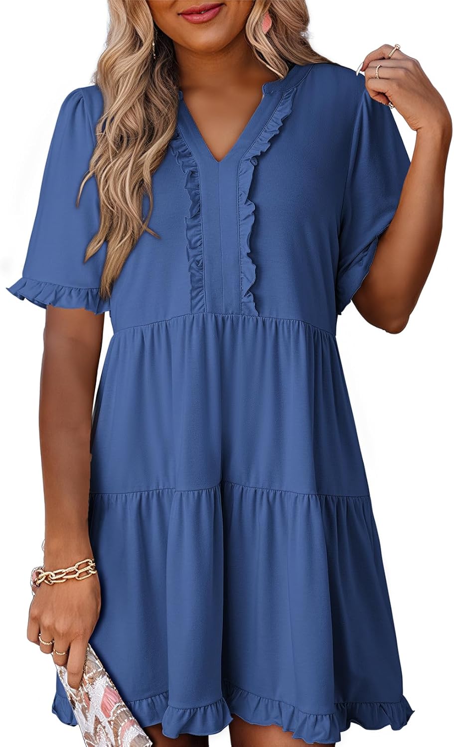 Womens Dresses 2025 Summer Spring V Neck Short Sleeve Casual A Line Flowy Swing Shift Dress Mini Dress