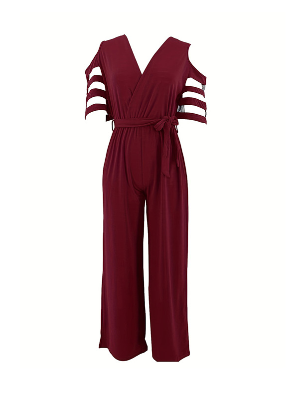 Hollow Mesh Solid Color Tied Waist High Waisted Loose V-Neck Jumpsuits