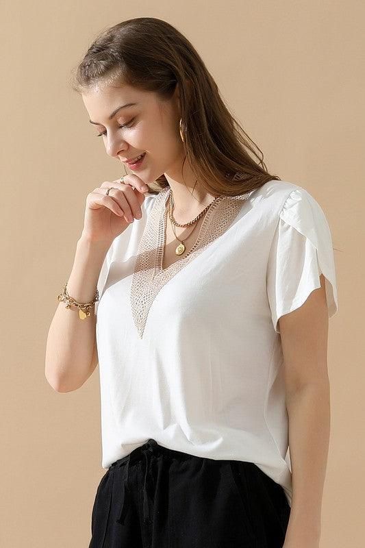 Gold Lace V Neck Ruffle Short Sleeve Top