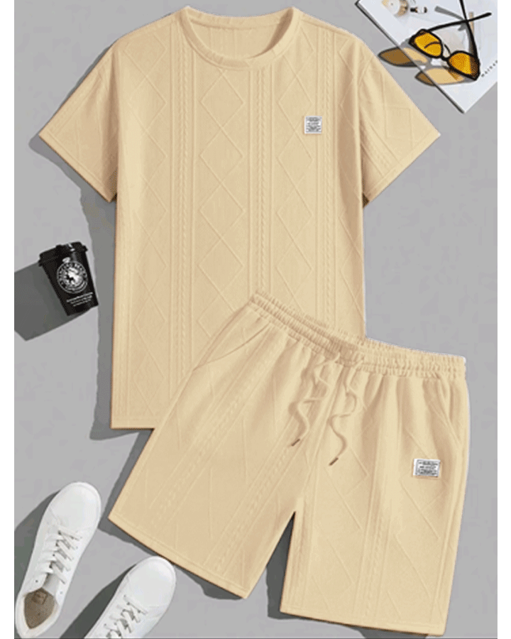 Men’s Textured Summer Two-Piece Set – Short Sleeve Tee & Drawstring Shorts