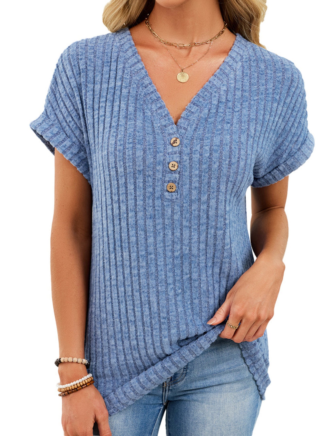 Ribbed Knit V-Neck T-Shirt