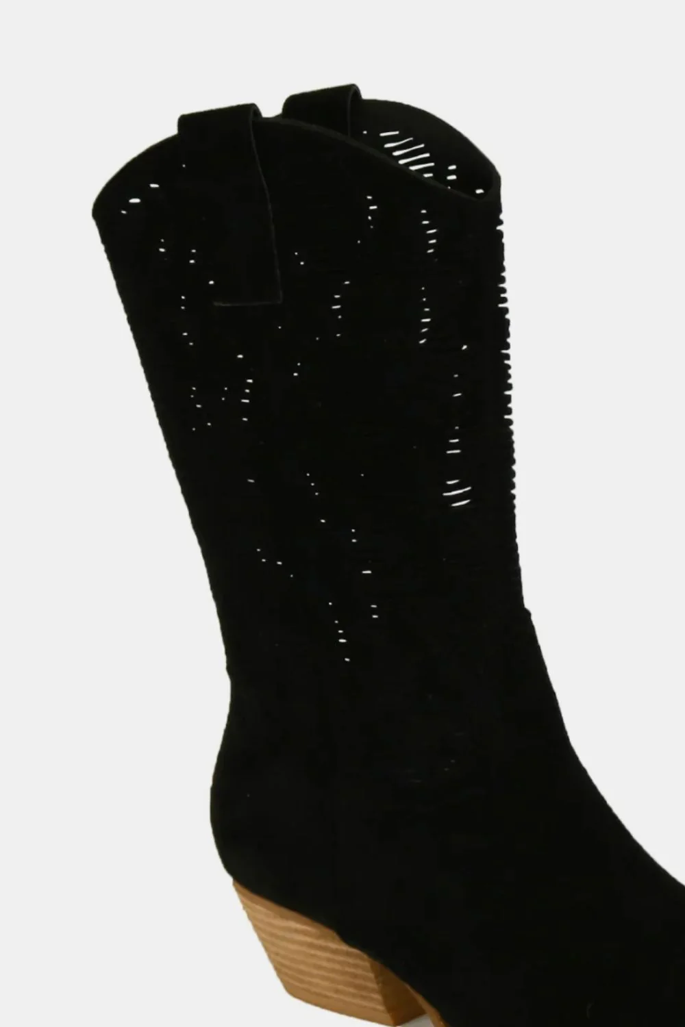 Faux Suede Laser Cut Detail Block Heel Boots in Black