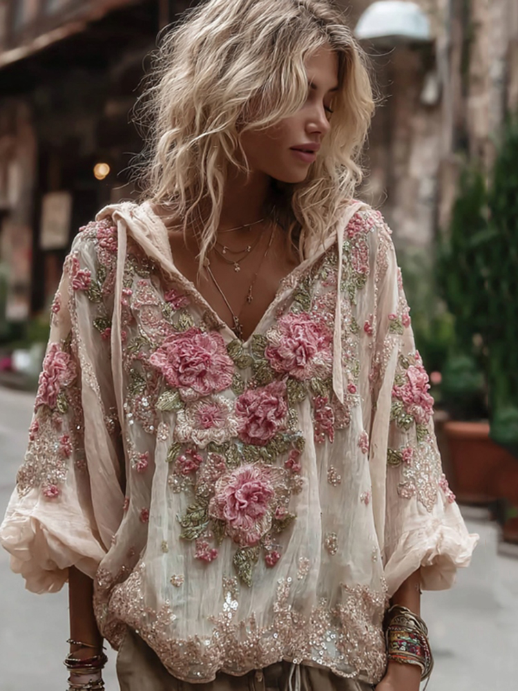 Women's Vintage Floral Embroidery Warm V-neck Hoodie