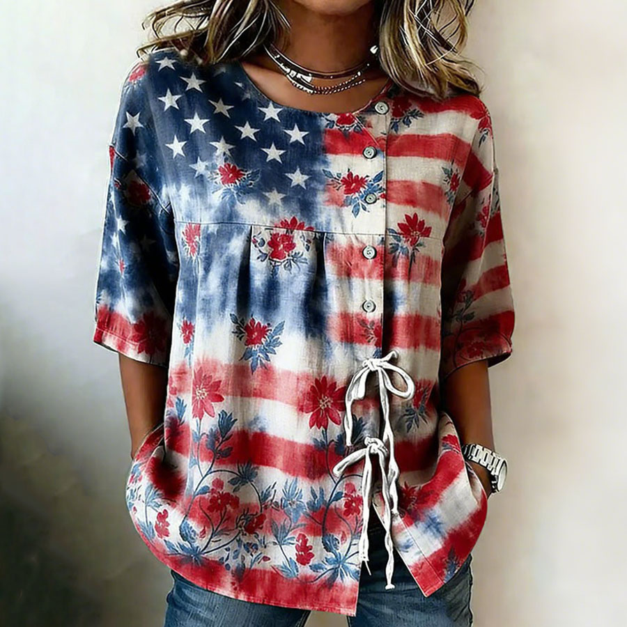 Women'S Independence Day 250Th Anniversary Flower Art Printed Casual Shirt