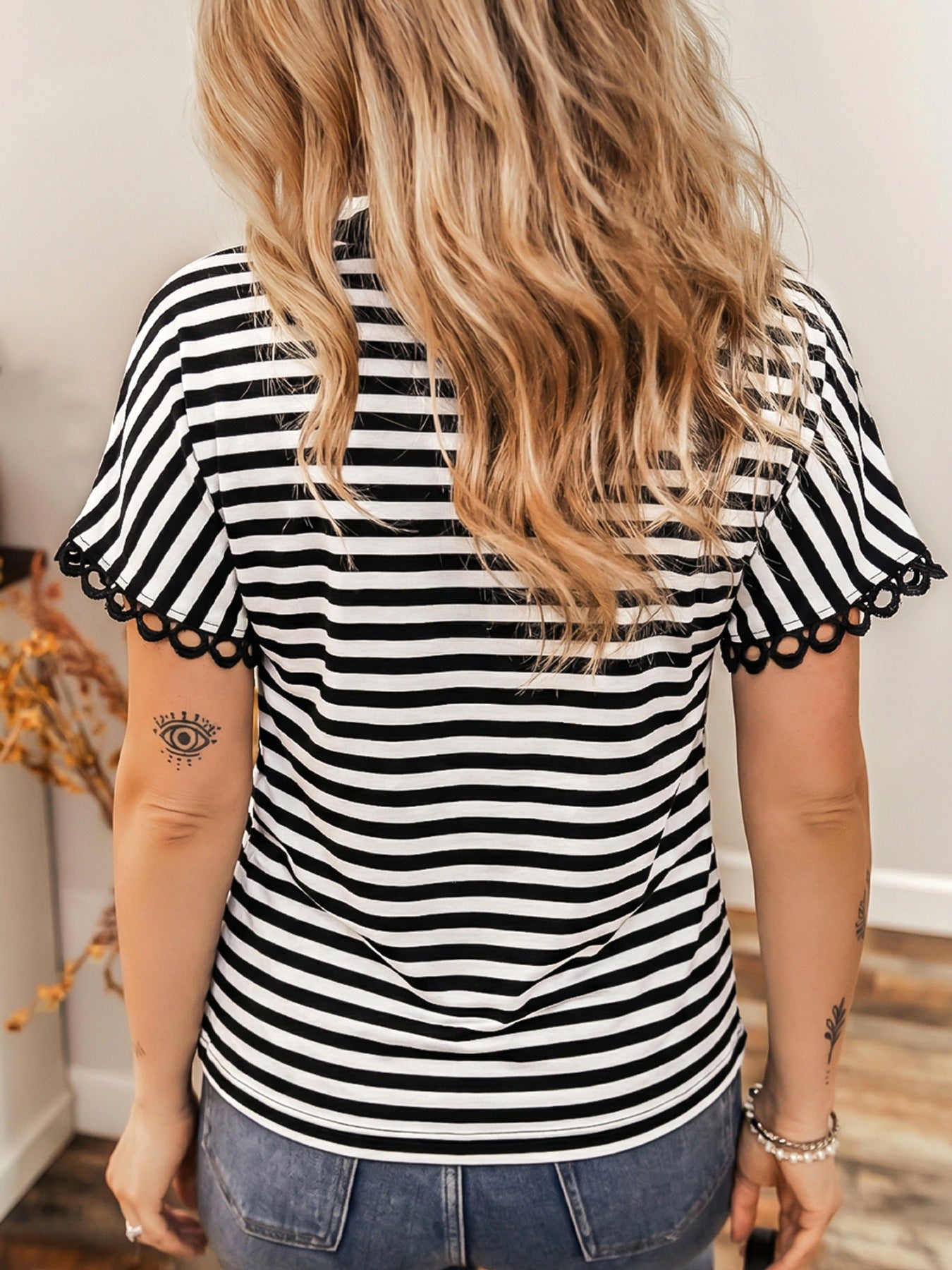 Striped V-Neck Scalloped Short Sleeve T-Shirt